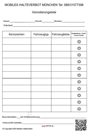 Vornotierungsliste bei einem mobilen Halteverbot Vornotierungsliste für ein mobiles Halteverbot in München Allach, Freimann, Milbertshofen, Schwabing, Hasenbergl, Freimann, Moosach, Bogenhausen, Untermenzing, am Hart, Aubing